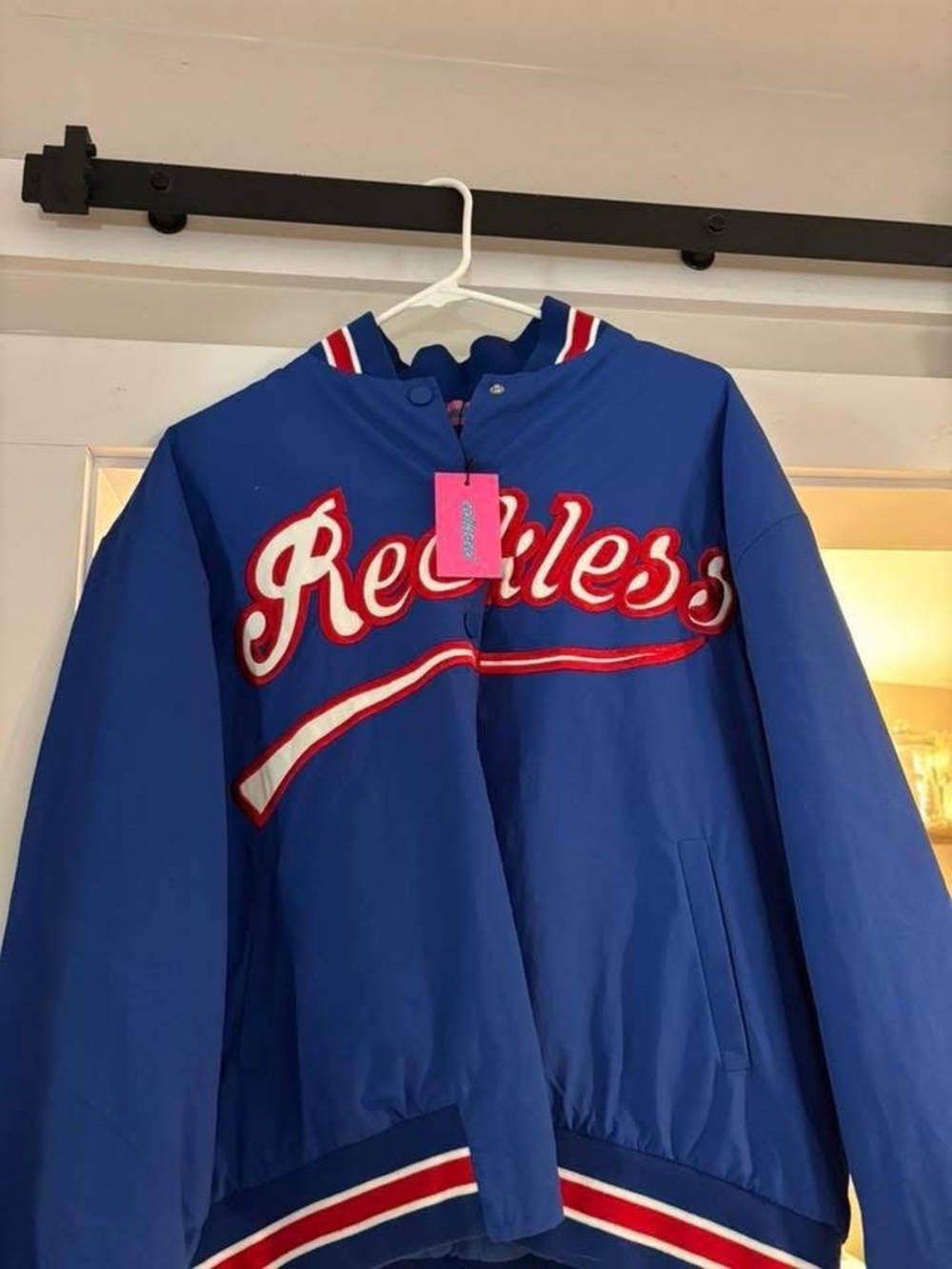 Edikted Blue Bomber Jacket with Red & White Trim